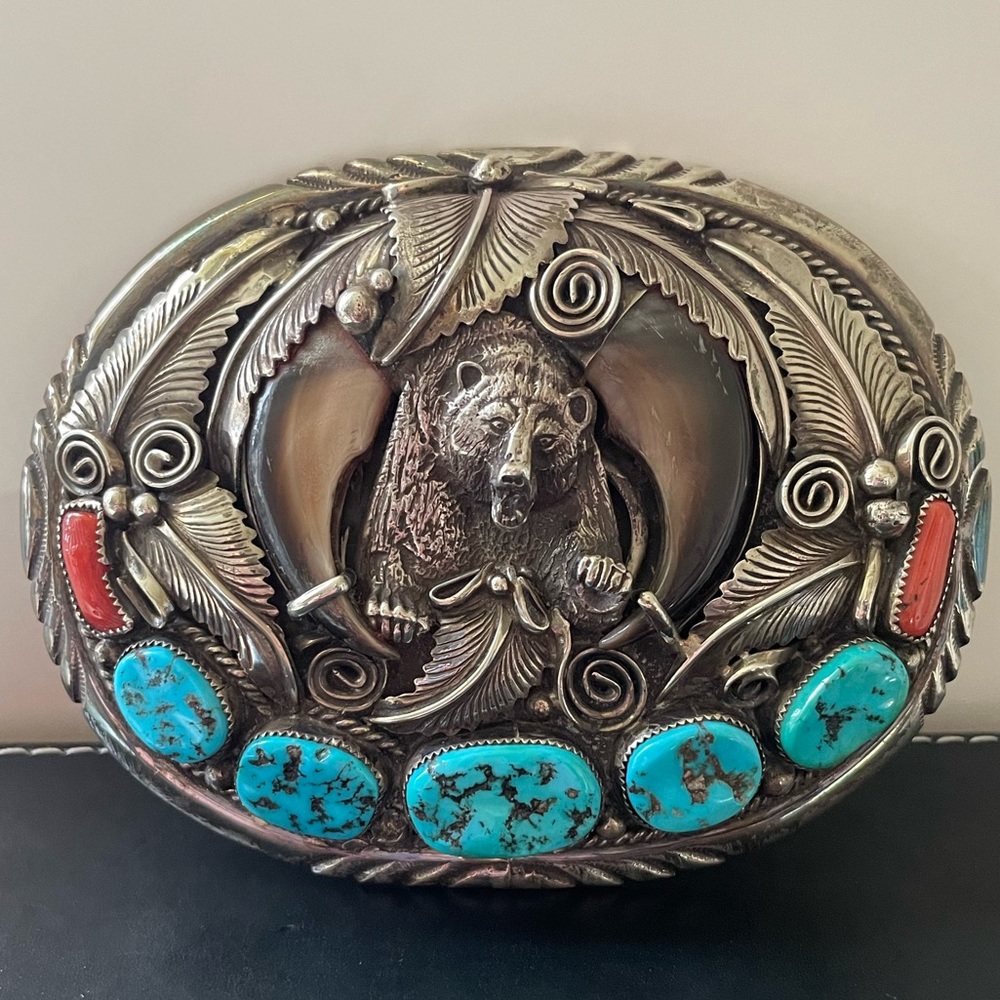 Native American turquoise and coral sterling silver belt buckle